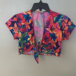 Class Act Tropical Floral Tie-Front Crop Top Multicolor Womens SZ M Made in USA